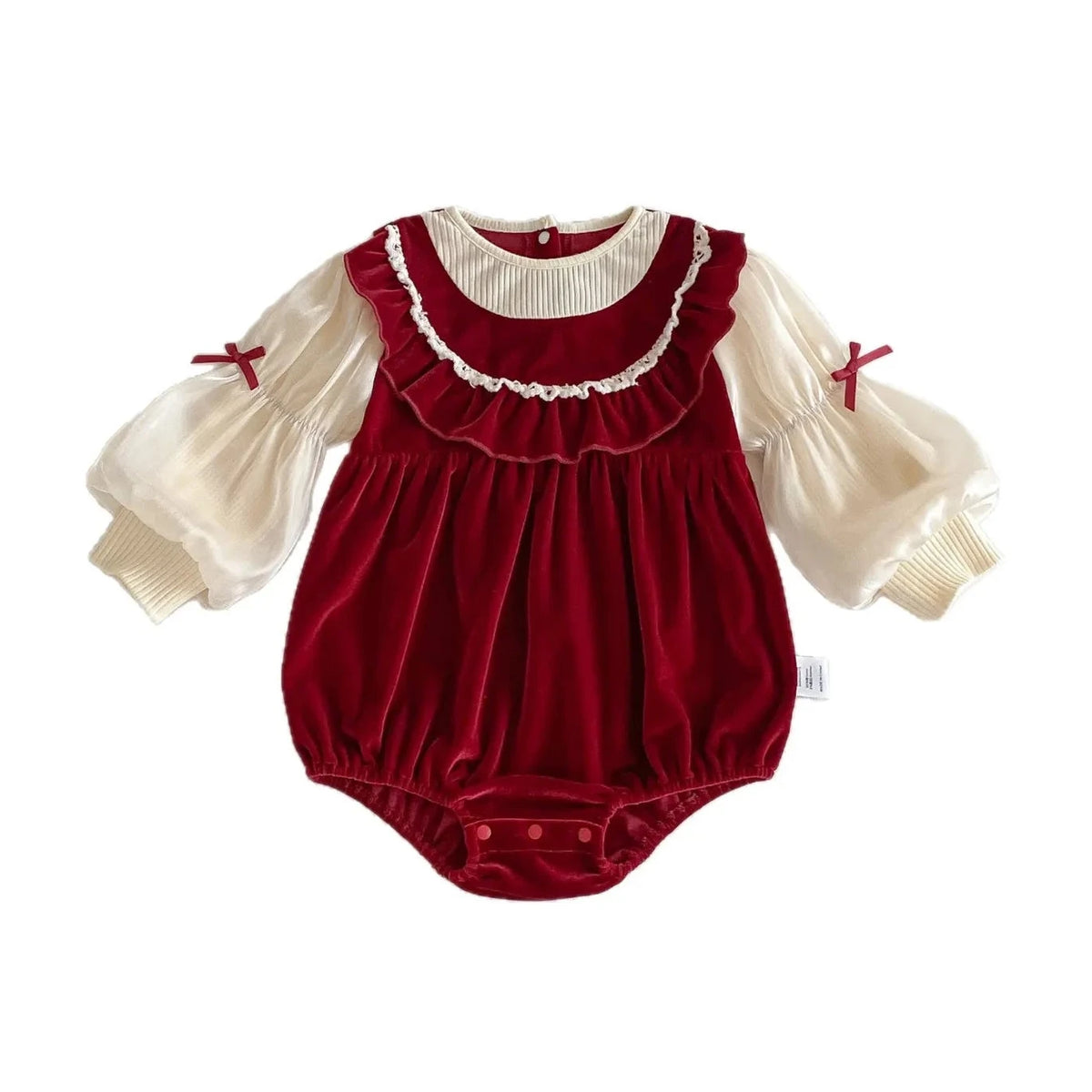 Baby girl red velvet Christmas bubble romper with cream long sleeves front view