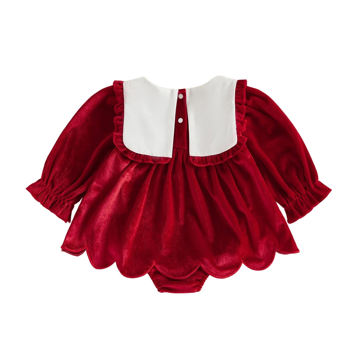 Back view of baby girl red velvet Christmas romper dress featuring white scalloped bib collar and back closure buttons