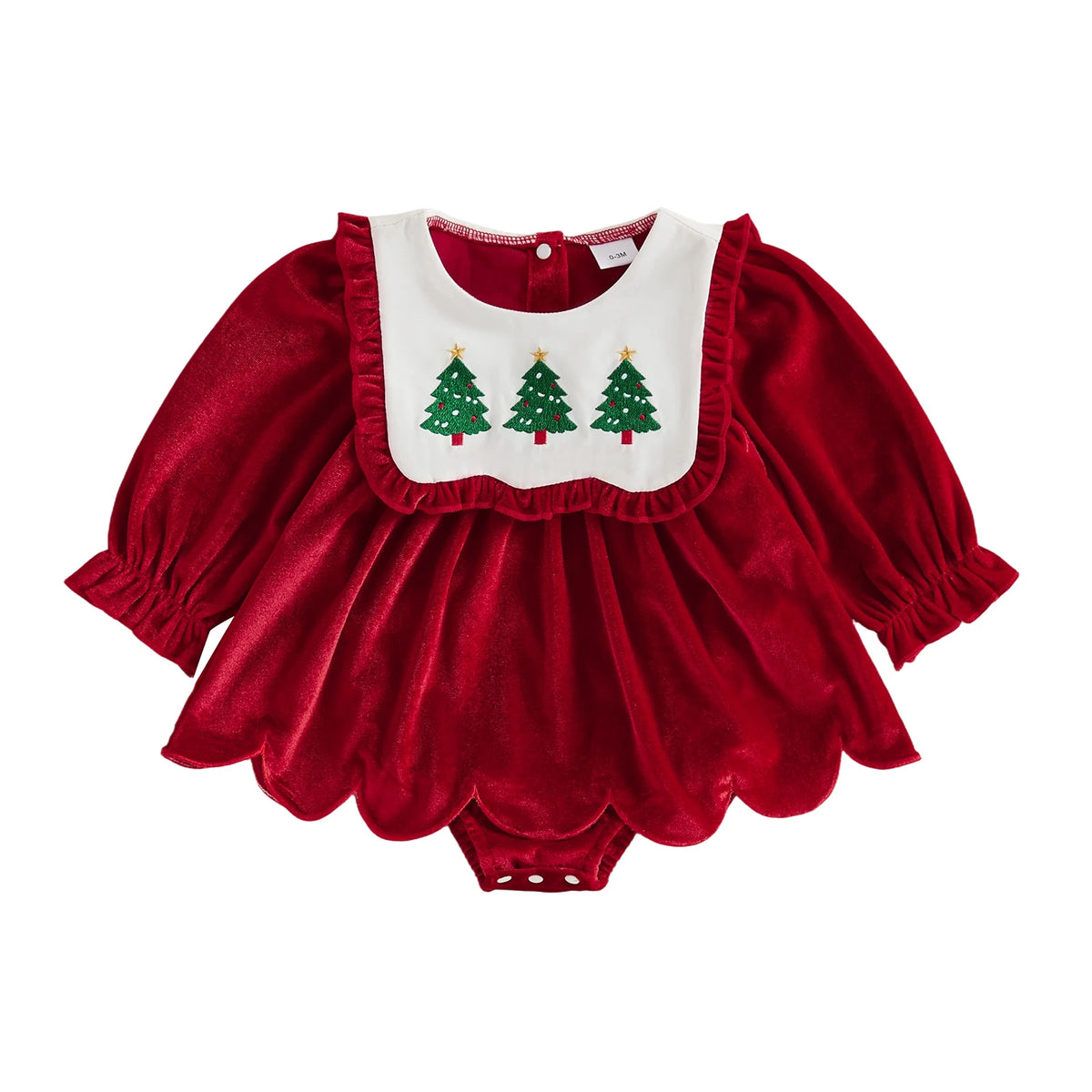 Baby girl red velvet Christmas tree embroidered romper dress with scalloped bib collar and long sleeves