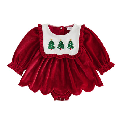 Baby girl red velvet Christmas tree embroidered romper dress with scalloped bib collar and long sleeves