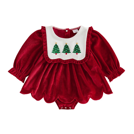 Baby girl red velvet Christmas tree embroidered romper dress with scalloped bib collar and long sleeves