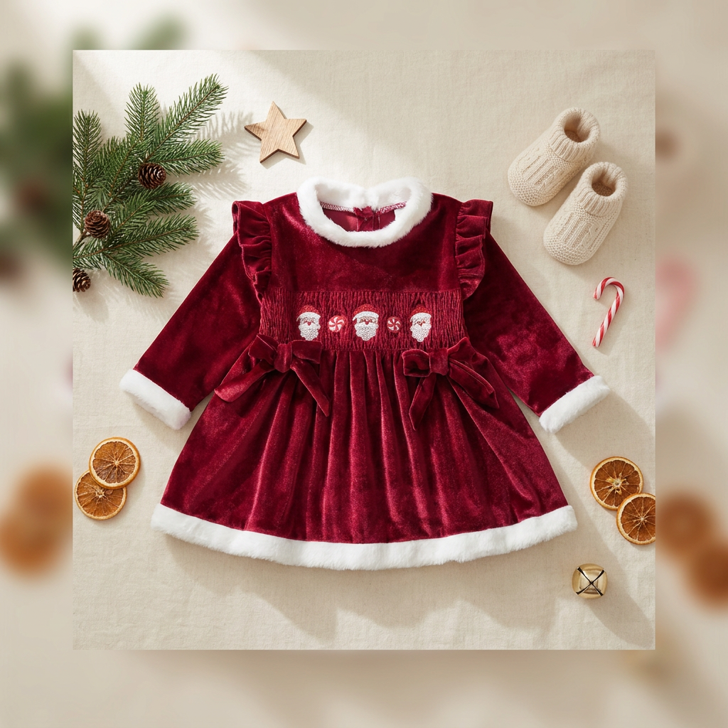 Flat lay view of Kidsely baby girl red velvet long sleeve holiday dress with festive decor
