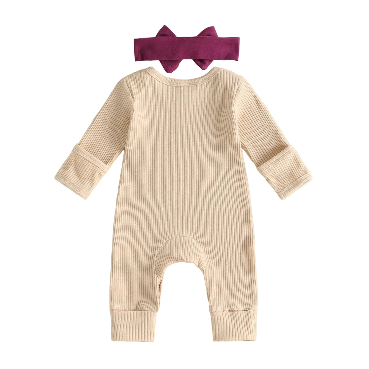 Back view of cream ribbed long sleeve baby romper with elastic bow headband