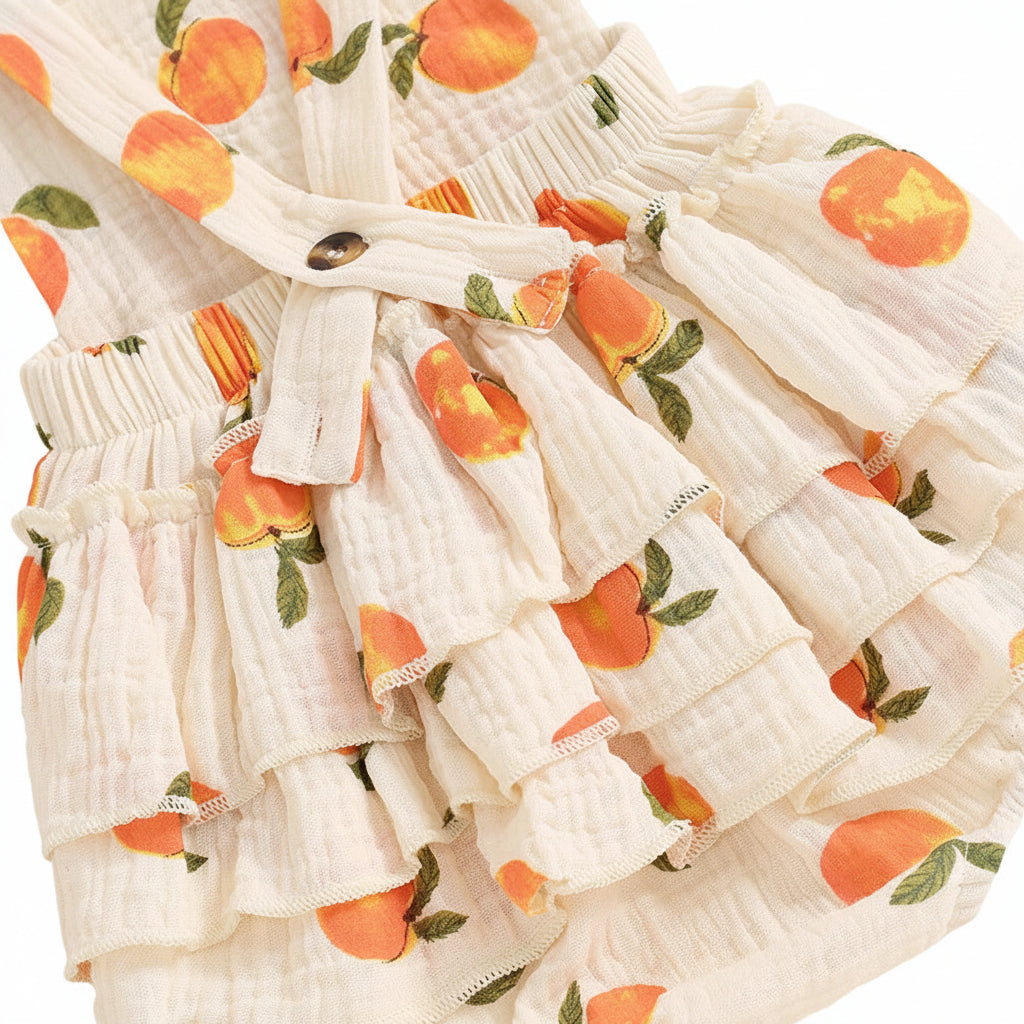 Close-up of the tiered side and back ruffles on the baby peach print romper, highlighting the "ruffle butt" design.