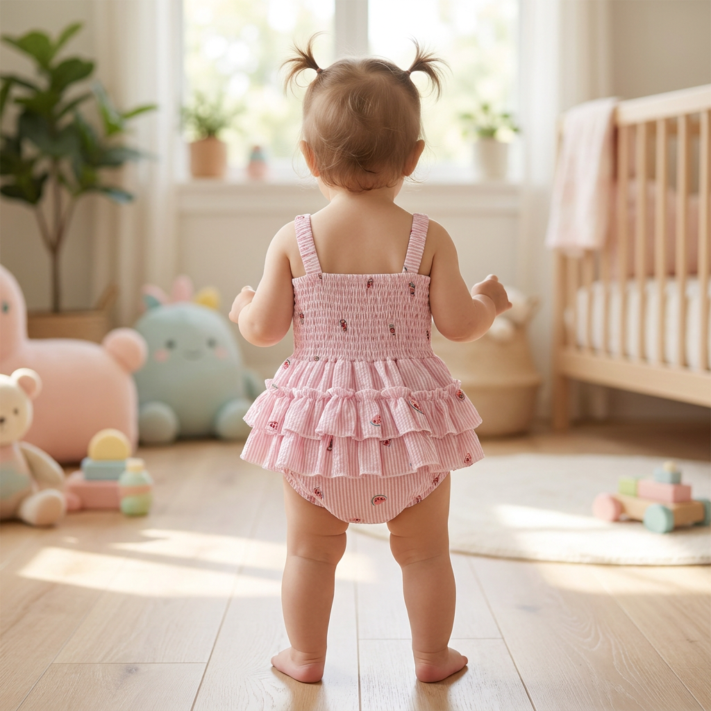 Rear view of a baby girl wearing the ruffle butt romper, showing the tiered ruffles as she plays in a bright nursery.