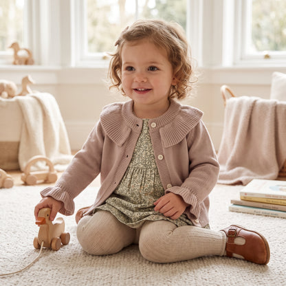 Front view of a taupe knit cardigan sweater for baby girls with a ruffled collar and ruffle sleeve cuffs.