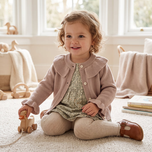 Front view of a taupe knit cardigan sweater for baby girls with a ruffled collar and ruffle sleeve cuffs.