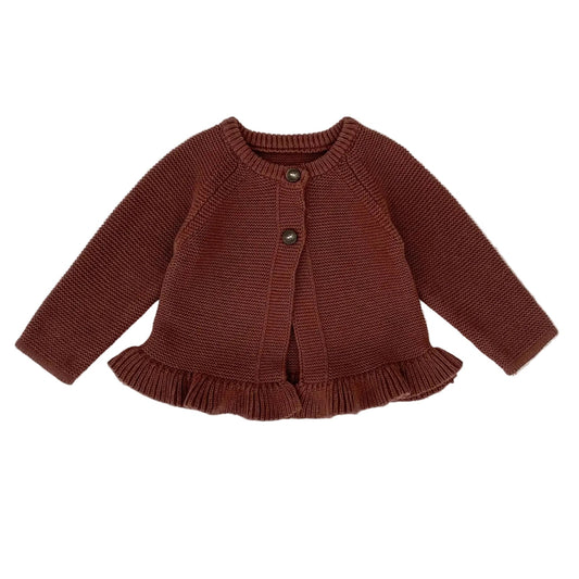 Baby girl knit cardigan sweater in chocolate brown featuring a ruffled hem and two-button front closure, displayed flat on a white background.