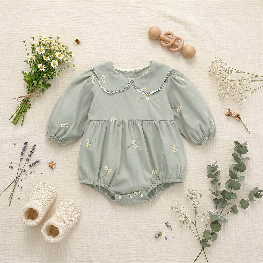 Overhead flat lay view of the sage green daisy embroidered baby bubble romper styled on a cream fabric background with knit booties, a wooden rattle, chamomile flowers, and eucalyptus stems.