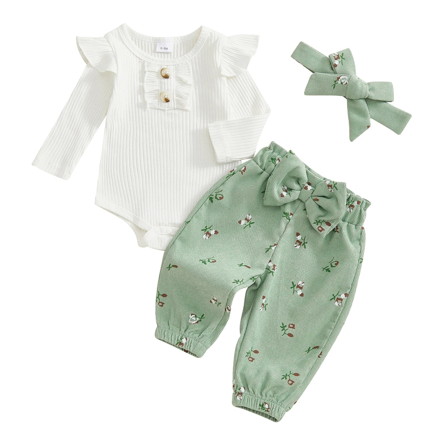Baby girl 3-piece fall outfit set featuring a white ribbed long-sleeve romper, sage green floral corduroy pants, and matching bow headband.