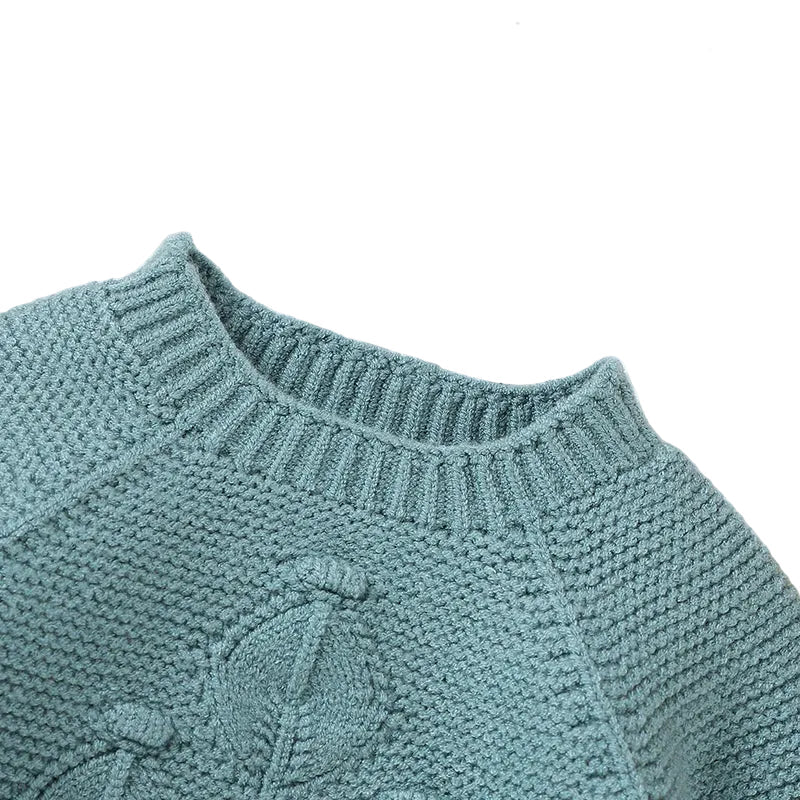 Close-up of the ribbed crew neck collar and seamless shoulder construction on the teal knit sweater romper.