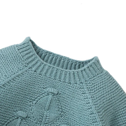 Close-up of the ribbed crew neck collar and seamless shoulder construction on the teal knit sweater romper.