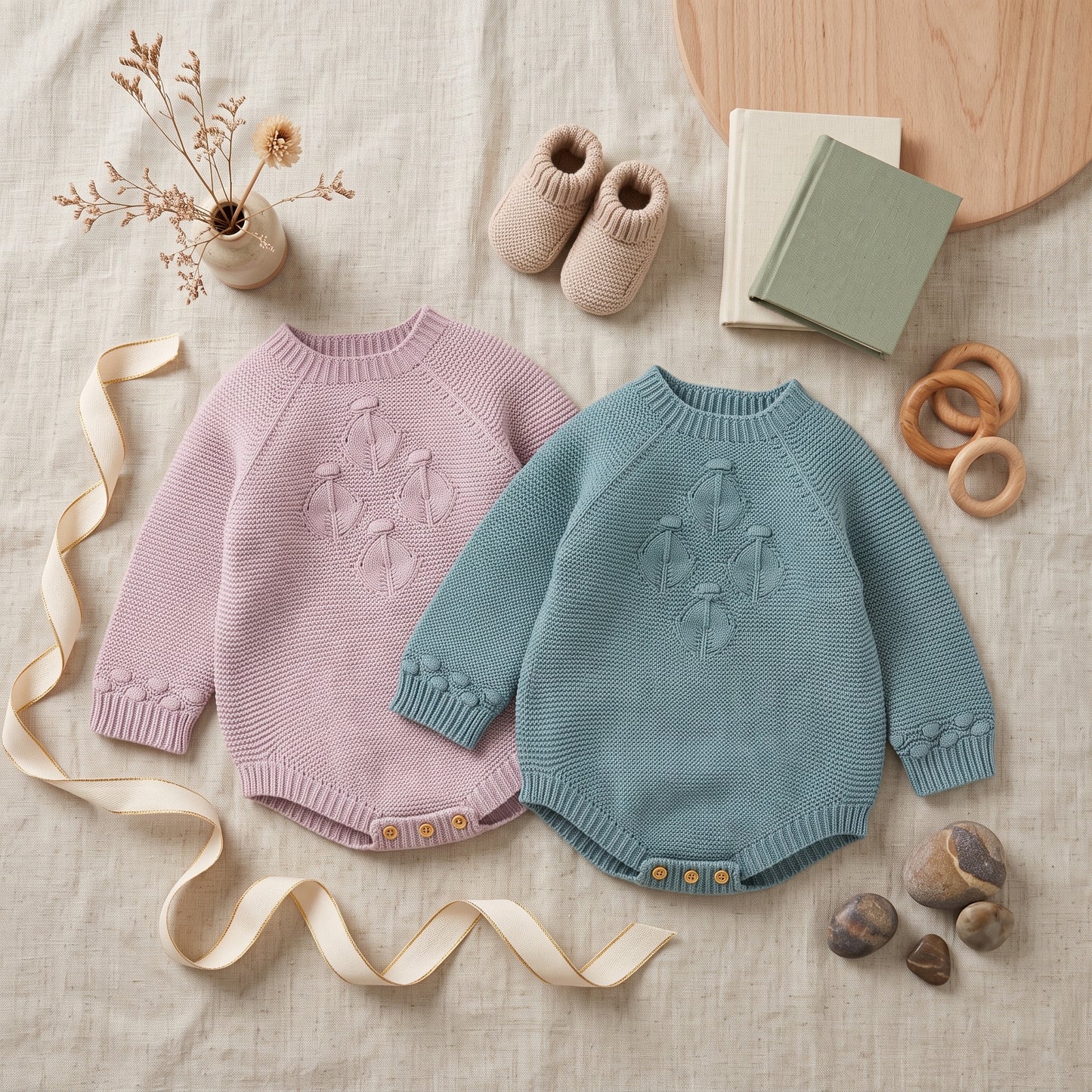 Side-by-side flat lay of light pink and teal baby girl seamless knit sweater rompers with soft accessories.