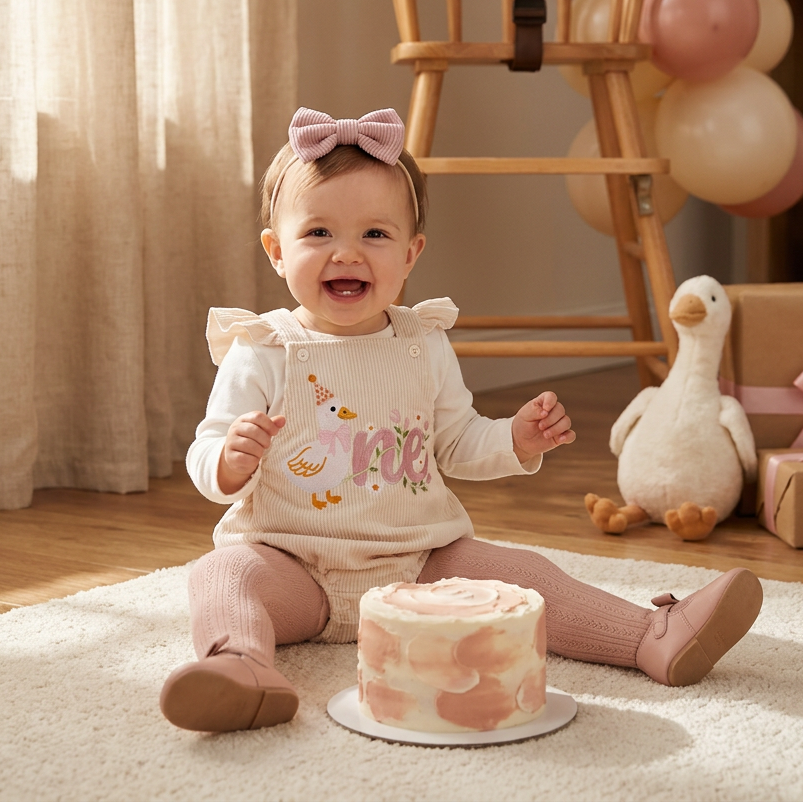 Smiling baby girl sitting next to a first birthday cake wearing a Silly Goose embroidered ONE ruffle romper, tights, and matching bow headband.