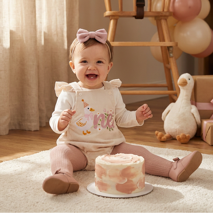 Smiling baby girl sitting next to a first birthday cake wearing a Silly Goose embroidered ONE ruffle romper, tights, and matching bow headband.