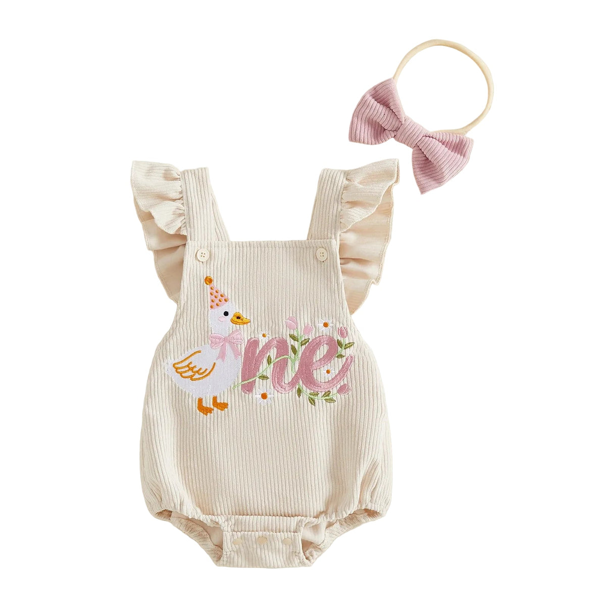 Baby girl Silly Goose embroidered 1st birthday ONE ruffle romper set with matching bow headband on a white background