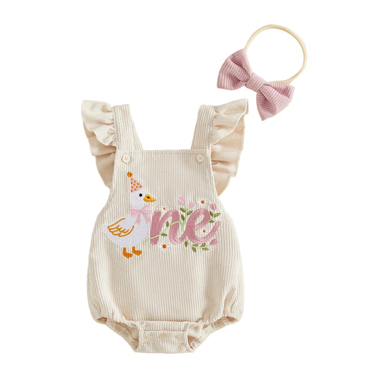 Baby girl Silly Goose embroidered 1st birthday ONE ruffle romper set with matching bow headband on a white background