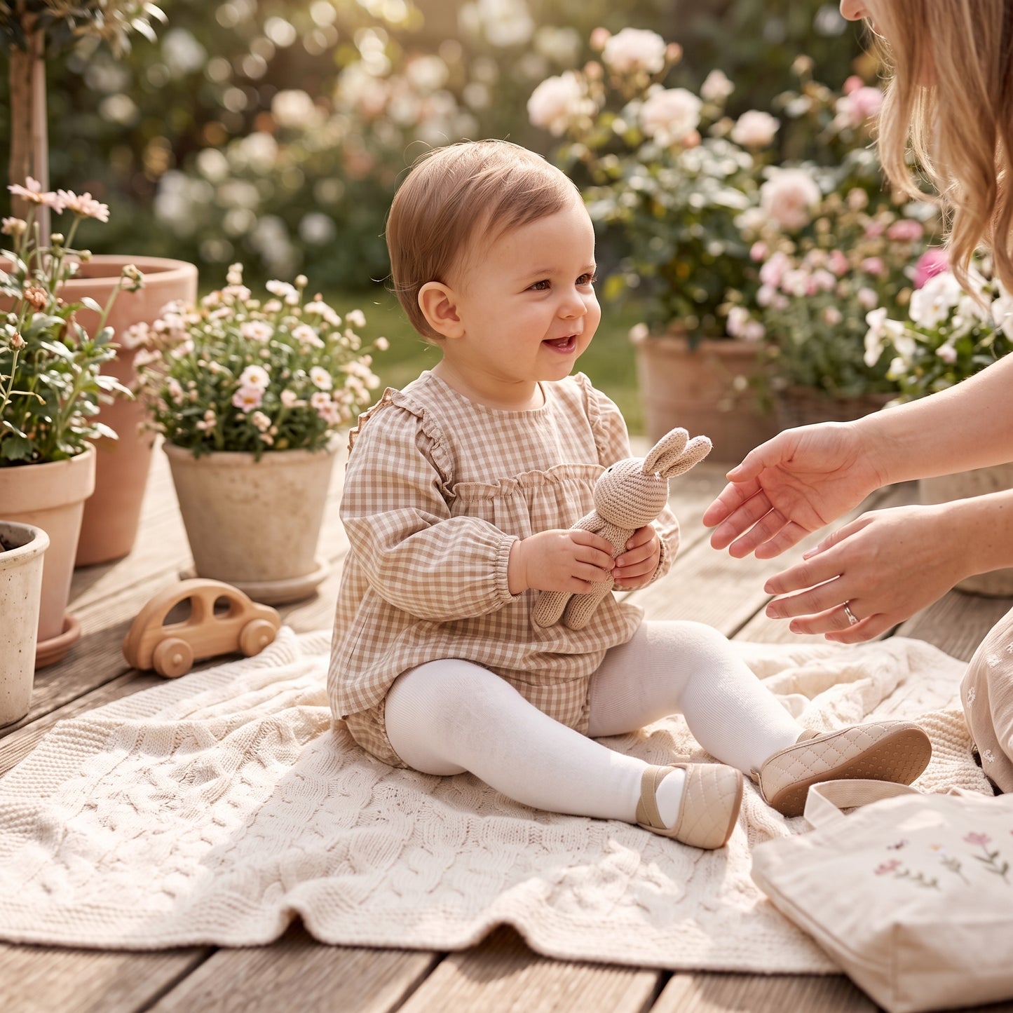 Baby girl wearing beige long sleeve smocked gingham outfit set sitting outdoors on a blanket near flower pots.