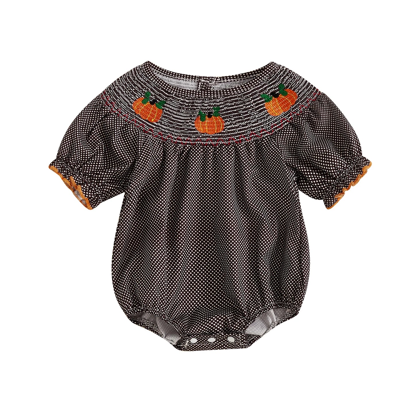 Brown smocked gingham baby romper with embroidered pumpkins across the neckline.