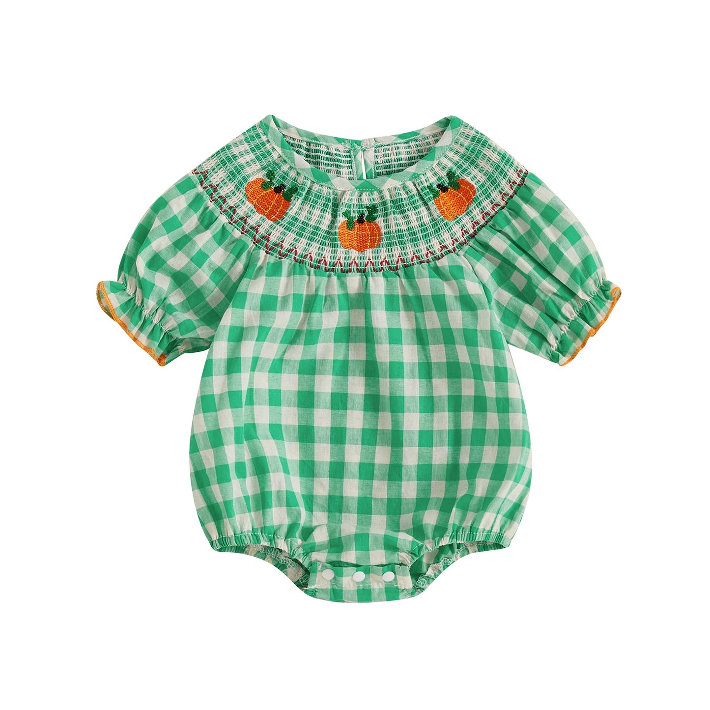 Green smocked gingham baby romper with embroidered pumpkins across the neckline.