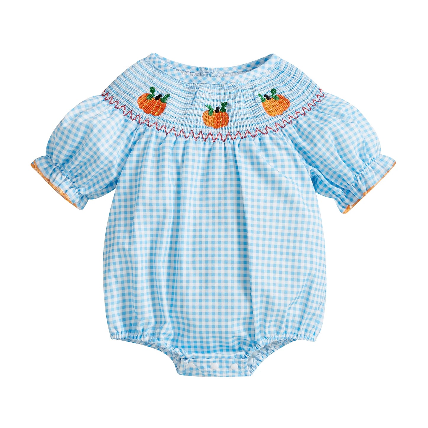 Light blue smocked gingham baby romper with embroidered pumpkins across the neckline.