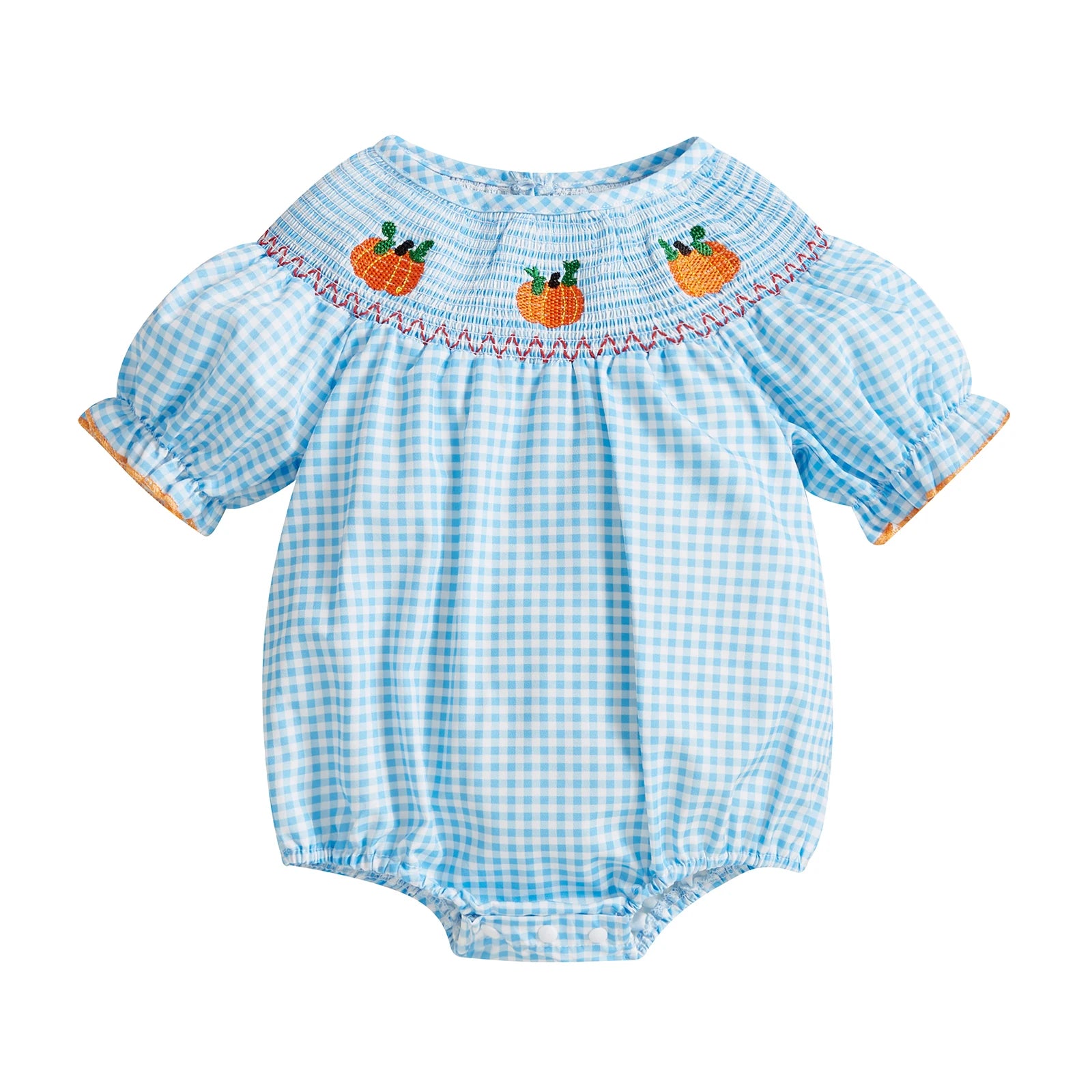 Light blue smocked gingham baby romper with embroidered pumpkins across the neckline.