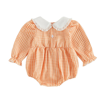 Back view of the baby girl orange gingham long sleeve bubble romper showing the top button closure at the neck and gathered bubble silhouette.