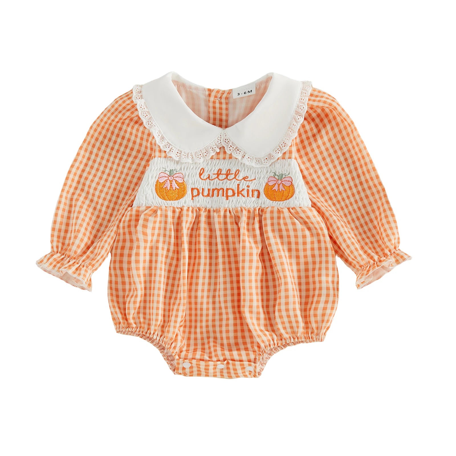 Front view of baby girl orange gingham bubble romper featuring a white Peter Pan collar and smocked chest with little pumpkin embroidery.