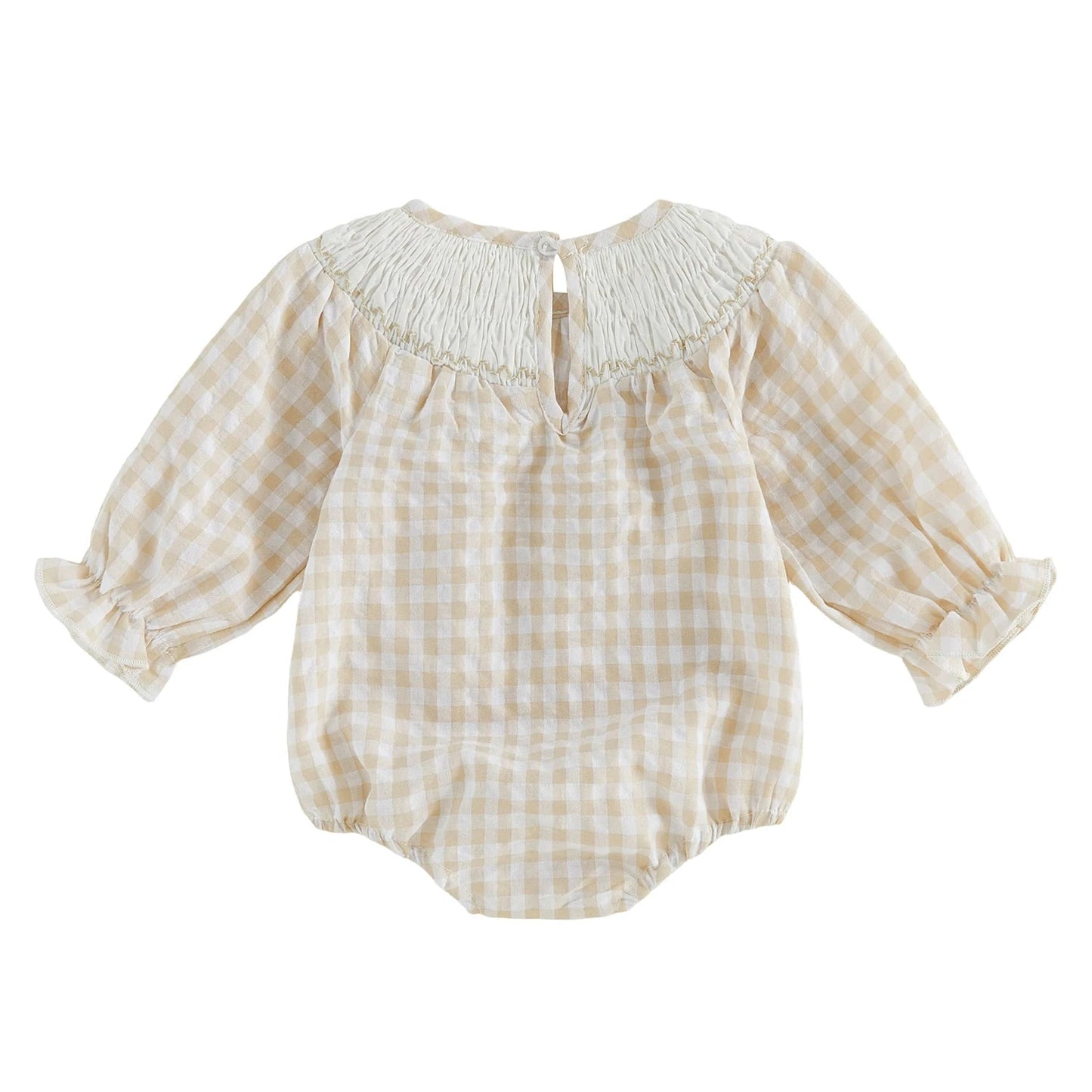 Back view of the baby girls beige gingham Thanksgiving romper showing the keyhole button closure at the neckline.