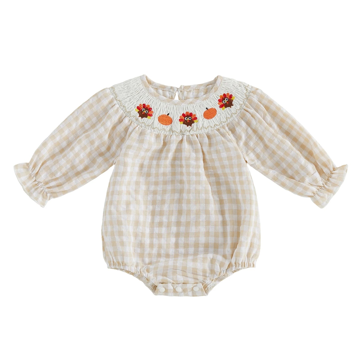 Front view of the baby girls beige gingham smocked Thanksgiving romper with turkey and pumpkin embroidery.