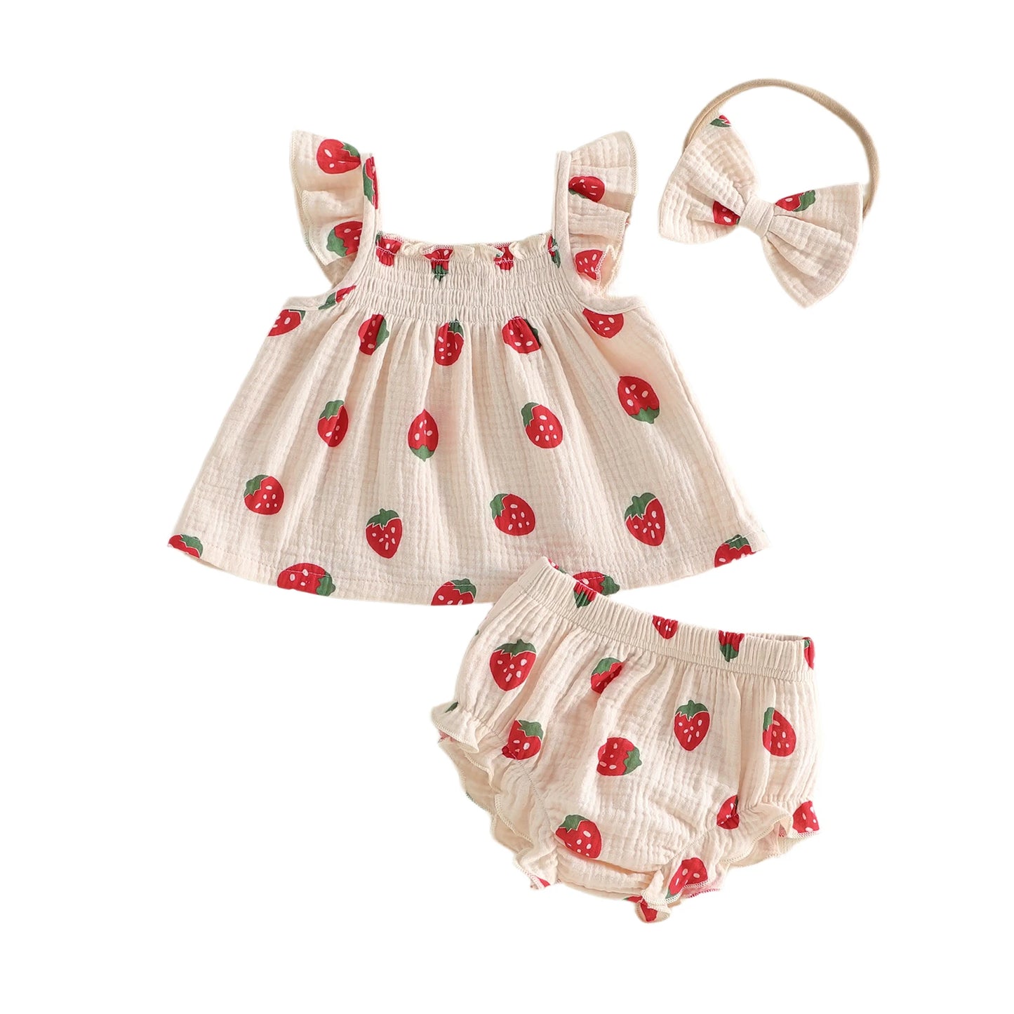 Infant girl cream white strawberry berry print summer clothing set with flying sleeve cotton top and ruffled diaper cover shorts.
