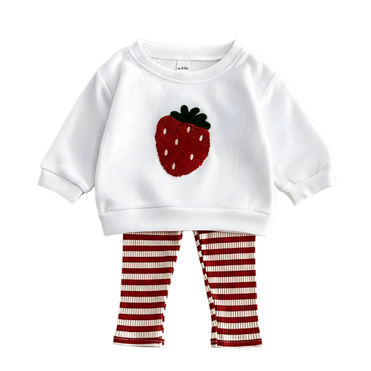 Two-piece baby girl outfit featuring a white long-sleeve crewneck pullover with a red chenille strawberry embroidery detail and matching red and white striped ribbed leggings.