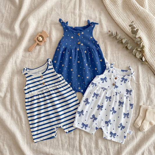 Three baby girl cotton bubble rompers in striped, bow print, and blue heart patterns laid flat on a soft textured blanket.