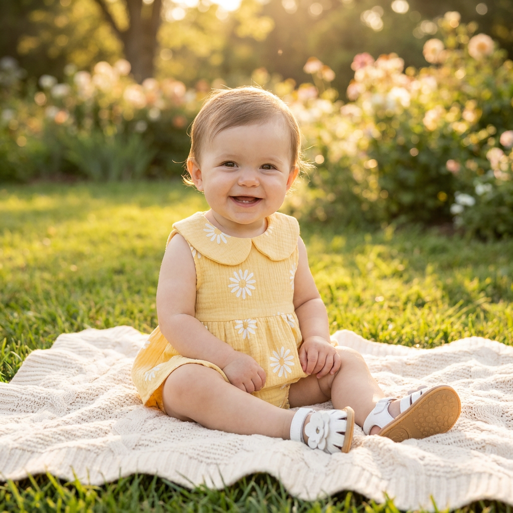 Happy baby girl wearing a sleeveless yellow daisy print romper dress sitting on a blanket in a sunny grass field.