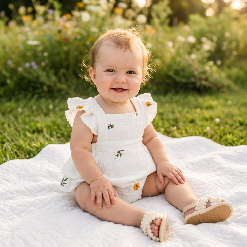 Smiling baby girl wearing a white embroidered sunflower muslin romper with boho sandals sitting on a blanket outdoors in soft golden sunlight.