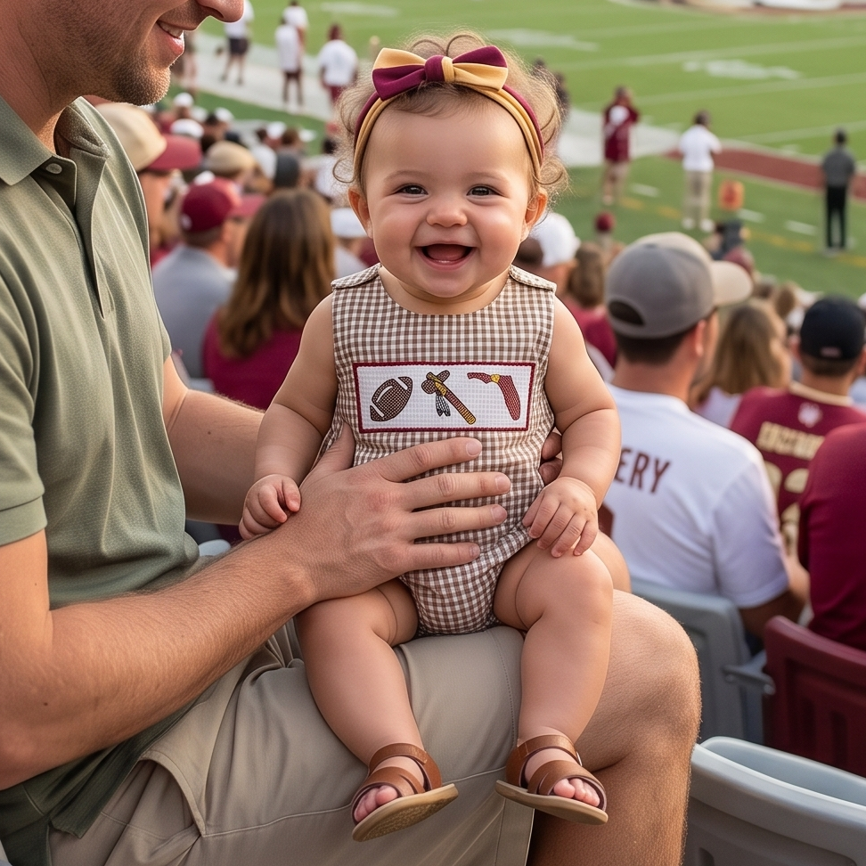 A smiling baby girl wearing a maroon and gold bow headband sitting on her dad's lap in stadium bleachers, dressed in a tan gingham smocked bubble romper featuring embroidered football, spear, and garnet state outline details.