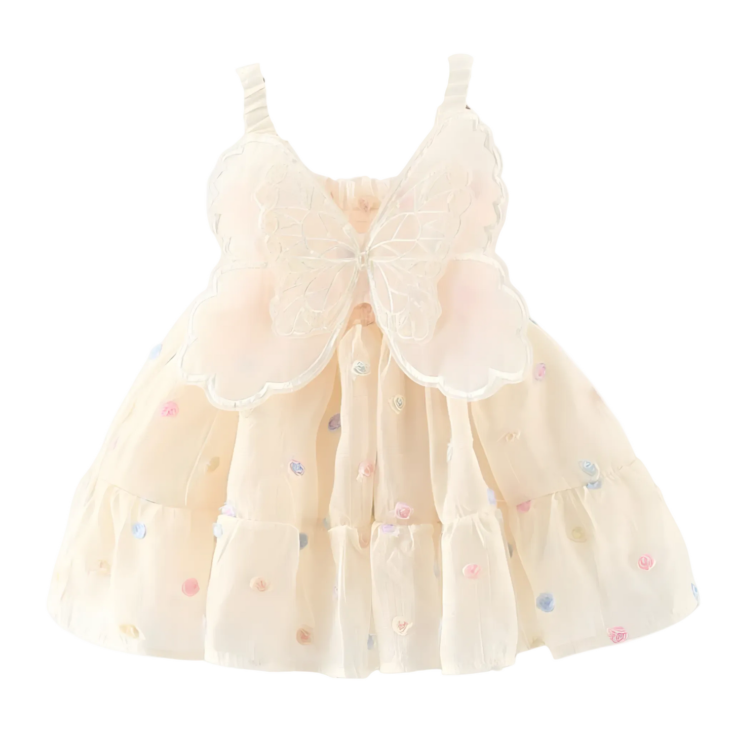 Baby Girl and Toddler Cream dress with floral embroidery and butterfly wings on a white background