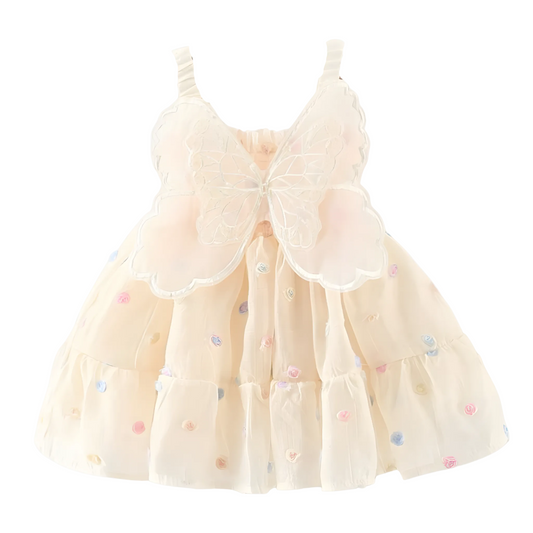Baby Girl and Toddler Cream dress with floral embroidery and butterfly wings on a white background