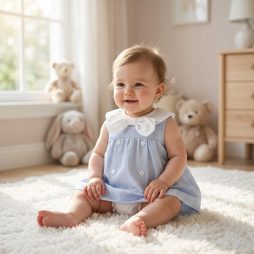 Baby Girl Summer Sailor Dress Romper - Sky Blue Striped Sleeveless Jumpsuit with Bow & Nautical Collar (0-18M)