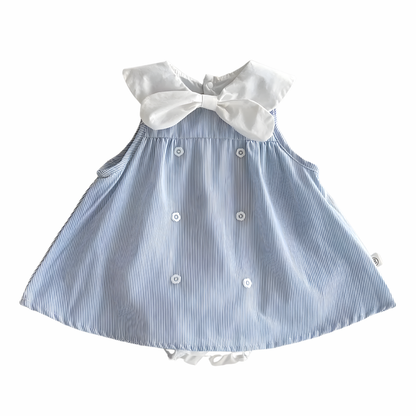 Blue and white nautical striped dress with a large sailor bow on a white background