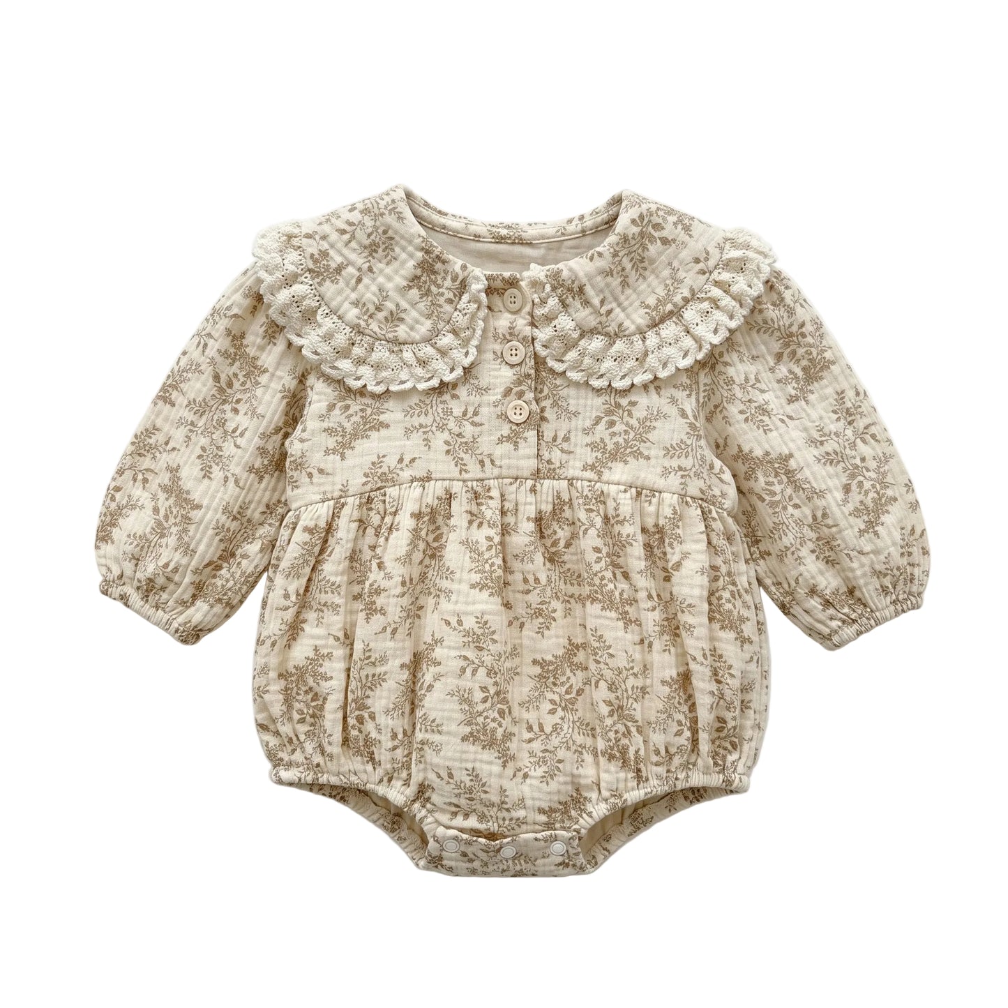 Baby girl vintage cottagecore floral long sleeve bubble romper with lace Peter Pan collar flat lay on white background.