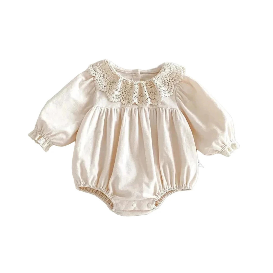 Ivory long sleeve baby girl vintage-inspired bubble romper with embroidered lace collar flat lay