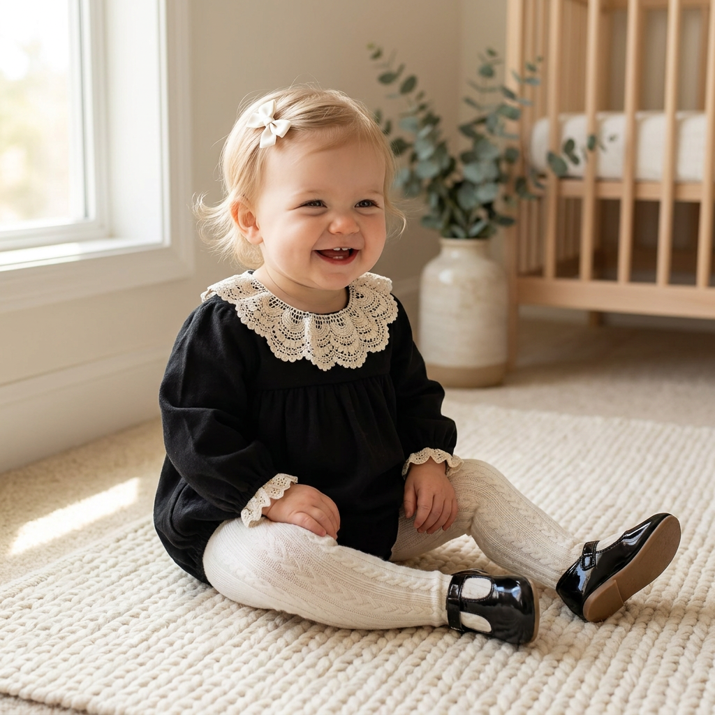 Infant girl wearing black vintage lace collar long sleeve bubble romper sitting in a nursery