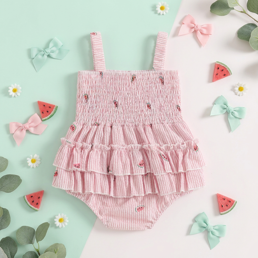A curated flat lay shot of the back view of a baby girl watermelon romper, styled with small bows and watermelon slices.