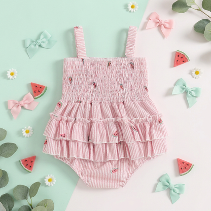 A curated flat lay shot of the back view of a baby girl watermelon romper, styled with small bows and watermelon slices.