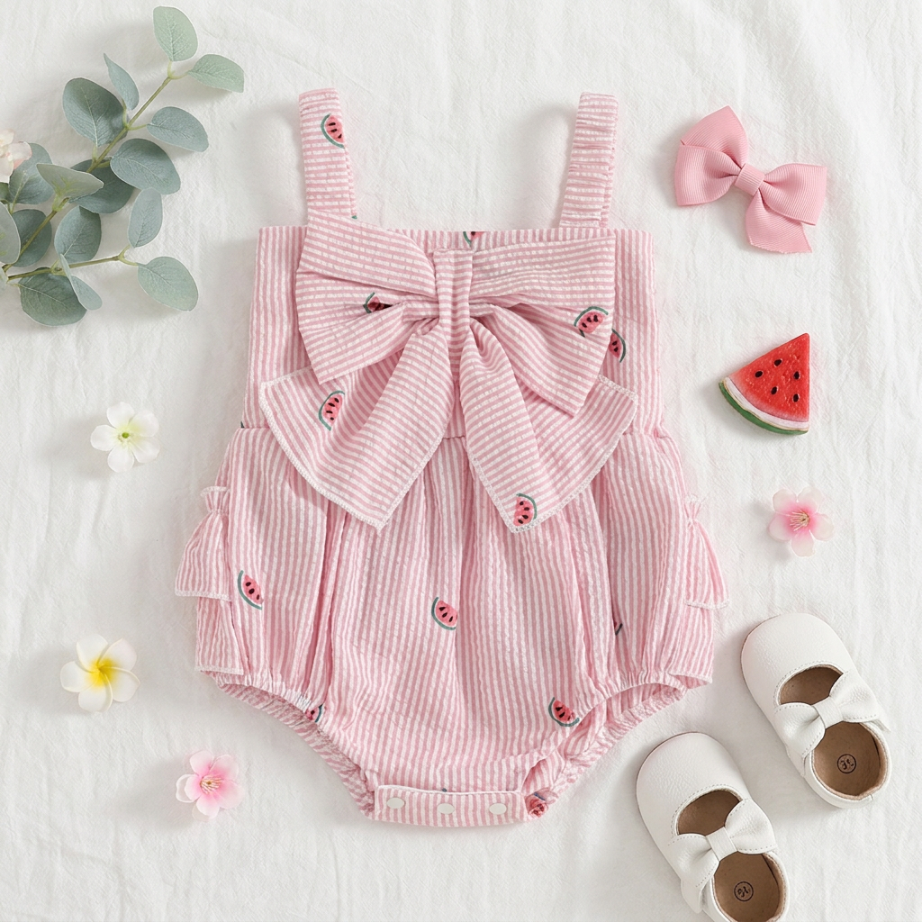 A curated flat lay shot of the baby girl watermelon romper, styled with small flowers, a decorative pink bow, and baby shoes.