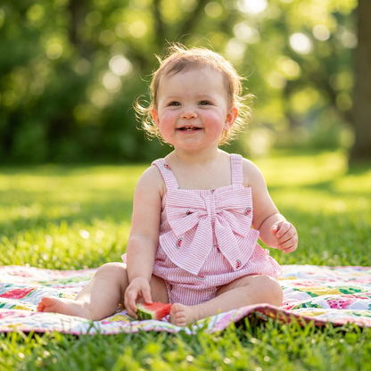 An infant baby girl wearing the pink striped watermelon print romper, sitting happily on a blanket in a grassy park setting.