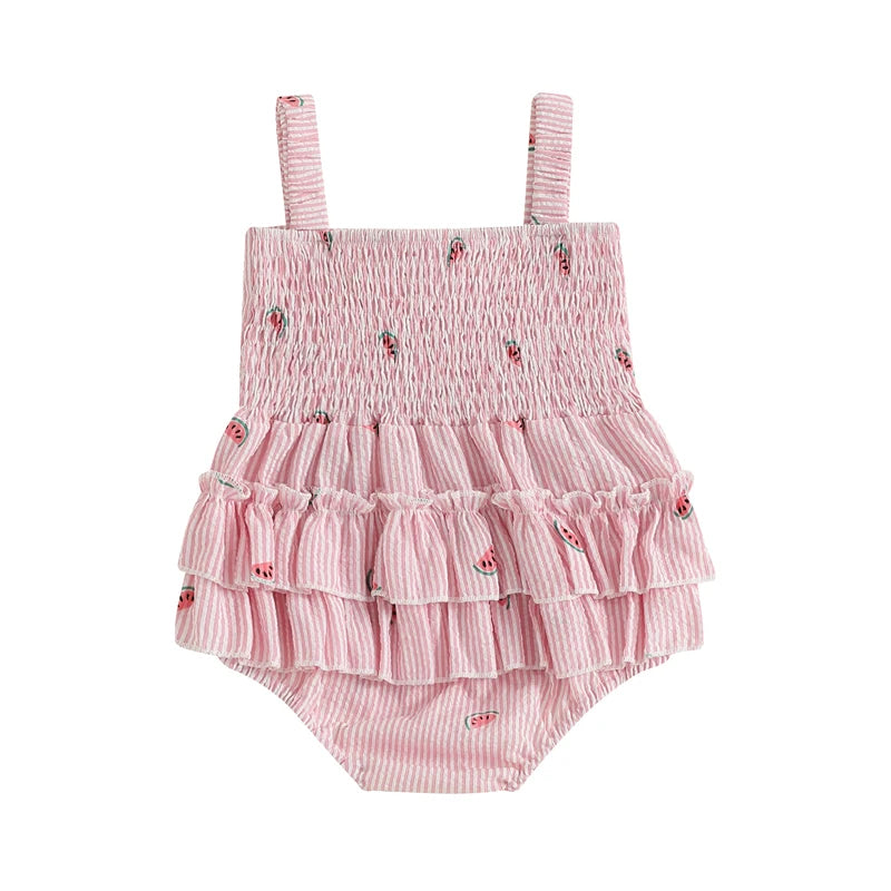 Detail shot of the back seat of the romper, highlighting three tiers of ruffles on the pink striped fabric.