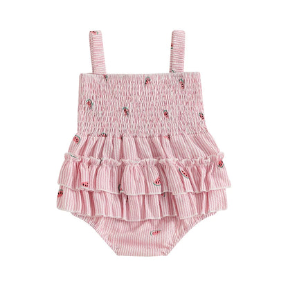 Detail shot of the back seat of the romper, highlighting three tiers of ruffles on the pink striped fabric.