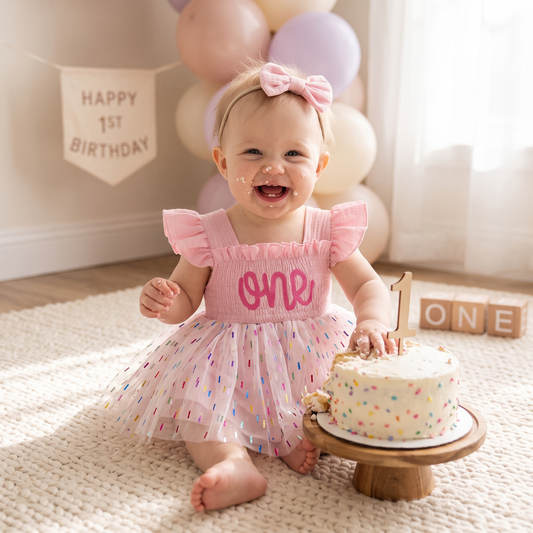 Happy baby girl wearing a pink 1st birthday confetti tutu romper while sitting next to a smash cake.